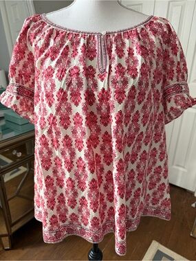 Max Studio London Cream/Red/Pink Beautiful Boho Peasant Top 1X Darling ❤️